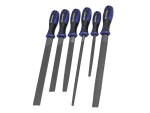 A Faithfull needle file with a hardened steel abrasive surface and a turned wooden or synthetic handle, for shaping and deburring metal.
