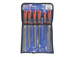 A Faithfull needle file with a hardened steel abrasive surface and a turned wooden or synthetic handle, for shaping and deburring metal.