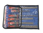A Faithfull needle file with a hardened steel abrasive surface and a turned wooden or synthetic handle, for shaping and deburring metal.