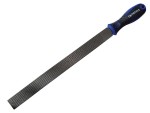 A Faithfull flat file with a hardened steel abrasive surface and a turned wooden or synthetic handle, for shaping and deburring metal.