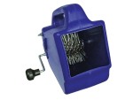 A blue handheld tool with a black turning crank on the side and sharp metal blades inside, designed for tenderizing meat.