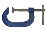 A Faithfull  75mm G-clamp with a malleable iron body and a swivel pad, for holding workpieces securely to a bench or frame.