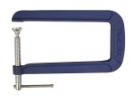 A blue metal G-clamp with a silver threaded screw and handle, used for holding objects tightly together; the word FAITHFULL is embossed on the frame.