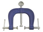 A blue metal three-way C-clamp with a large central screw and two smaller side screws, all with silver handles, used for holding objects securely in place.
