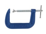 A Faithfull  75mm G-clamp with a malleable iron body and a swivel pad, for holding workpieces securely to a bench or frame.