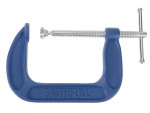 A Faithfull  100mm G-clamp with a malleable iron body and a swivel pad, for holding workpieces securely to a bench or frame.