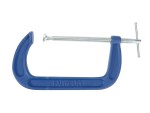 A Faithfull  200mm G-clamp with a malleable iron body and a swivel pad, for holding workpieces securely to a bench or frame.