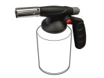 A handheld butane torch with a black handle, a silver nozzle, a red ignition button, and a refillable fuel canister attached at the base.