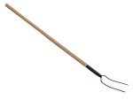 A Faithfull garden fork with four hardened steel tines and a wooden handle, for breaking up soil and lifting root vegetables.