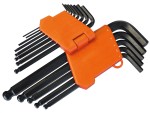 A set of black L-shaped hex keys (Allen wrenches) in various sizes, organized in an orange plastic holder.