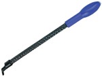 A Faithfull round file with a hardened steel abrasive surface and a turned wooden or synthetic handle, for shaping and deburring metal.