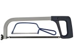 A hacksaw with a metal frame, adjustable blade tension, and a pistol-grip handle, for cutting metal bar, pipe, and conduit.