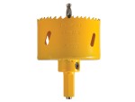 A bi-metal 70mm hole saw with hardened teeth and a centre drill-bit pilot, for cutting large-diameter holes in timber, metal, and plastic.