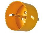 A bi-metal 70mm hole saw with hardened teeth and a centre drill-bit pilot, for cutting large-diameter holes in timber, metal, and plastic.