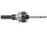 A bi-metal 210mm hole saw with hardened teeth and a centre drill-bit pilot, for cutting large-diameter holes in timber, metal, and plastic.