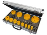 A bi-metal 76mm hole saw with hardened teeth and a centre drill-bit pilot, for cutting large-diameter holes in timber, metal, and plastic.