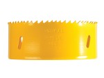 A bi-metal 105mm hole saw with hardened teeth and a centre drill-bit pilot, for cutting large-diameter holes in timber, metal, and plastic.
