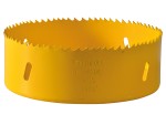 A bi-metal 127mm hole saw with hardened teeth and a centre drill-bit pilot, for cutting large-diameter holes in timber, metal, and plastic.