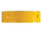 A bi-metal 160mm hole saw with hardened teeth and a centre drill-bit pilot, for cutting large-diameter holes in timber, metal, and plastic.