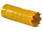 A bi-metal 19mm hole saw with hardened teeth and a centre drill-bit pilot, for cutting large-diameter holes in timber, metal, and plastic.