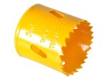 A bi-metal 43mm hole saw with hardened teeth and a centre drill-bit pilot, for cutting large-diameter holes in timber, metal, and plastic.