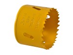 A bi-metal 57mm hole saw with hardened teeth and a centre drill-bit pilot, for cutting large-diameter holes in timber, metal, and plastic.