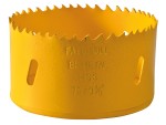 A bi-metal 79mm hole saw with hardened teeth and a centre drill-bit pilot, for cutting large-diameter holes in timber, metal, and plastic.