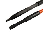 A hardened steel crowbar with a curved prying end and a pointed chisel tip, designed for levering, prying, and demolition work.
