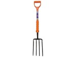 A garden fork with four metal tines, an orange handle, and a D-shaped grip at the top.