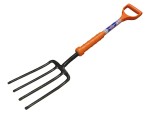 A Faithfull garden fork with four hardened steel tines and a wooden handle, for breaking up soil and lifting root vegetables.