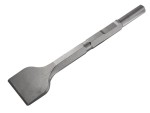 A hardened steel chisel with a bevelled cutting edge and a square-section body, for cutting stone, brick, or timber.