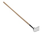 A Faithfull garden fork with four hardened steel tines and a wooden handle, for breaking up soil and lifting root vegetables.