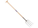 A Faithfull garden fork with four hardened steel tines and a wooden handle, for breaking up soil and lifting root vegetables.