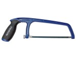 A hacksaw with a metal frame, adjustable blade tension, and a pistol-grip handle, for cutting metal bar, pipe, and conduit.