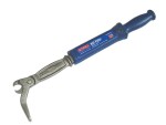 A metal nail puller tool with a blue handle and a steel clawed end designed for removing nails. The handle has product branding and labeling on it.,