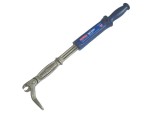 A blue-handled nail puller tool with a metal, claw-shaped end designed for extracting nails from wood or other surfaces.