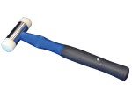 A hammer with a steel head and a steel-handled handle, for general fastening and construction use.