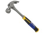 A claw hammer with a steel-handled handle and a polished steel head featuring a straight claw for nail removal and a flat striking face.,