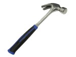 A claw hammer with a steel-handled handle and a polished steel head featuring a straight claw for nail removal and a flat striking face.,