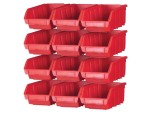 Twelve red plastic storage bins are stacked in three rows of four, each with an open front for easy access to contents.