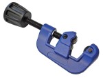 A blue pipe cutter with a black rotating handle, designed for cutting small metal pipes or tubing, shown on a white background.