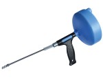 A handheld plumbing drain snake with a blue drum, black handle, and metal flexible coil for clearing clogs in pipes.