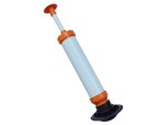 A manual plastic suction pump with a blue cylindrical body, orange handle and fittings, and a black rubber base, shown against a white background.