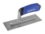 A Faithfull trowel with a polished steel blade and an ergonomic handle, for applying and finishing mortar, plaster, and adhesive.