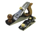 Two metal hand planes with wooden handles, one larger and one smaller, are placed side by side. The planes have shiny brass adjustment knobs and are labeled with the brand name Faithfull.