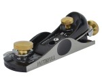 A close-up of a metal hand plane tool with brass adjustment knobs and the word FAITHFULL engraved on the side, used for smoothing and shaping wood surfaces.