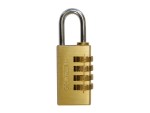 A brass combination padlock with four rotating numbered dials and a steel shackle, set against a plain white background.