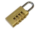 A brass combination padlock with four rotating numbered dials and a silver metal shackle, shown in an unlocked position.