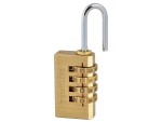 A brass combination padlock with four numbered dials and a silver shackle in the open position.,