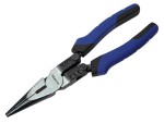 A pair of Faithfull long-nose pliers with narrow tapered jaws and a side-wire cutter, for working in confined spaces.